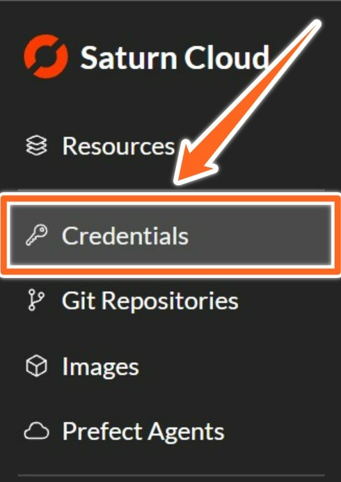 Saturn Cloud left menu with arrow pointing to Credentials tab